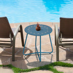 danpinera Outdoor Side Tables with Flower Cut Outs, Weather Resistant Steel Patio Side Table, Small Round Outdoor End Table Metal Side Table for Patio Yard Balcony Garden Navy Blue