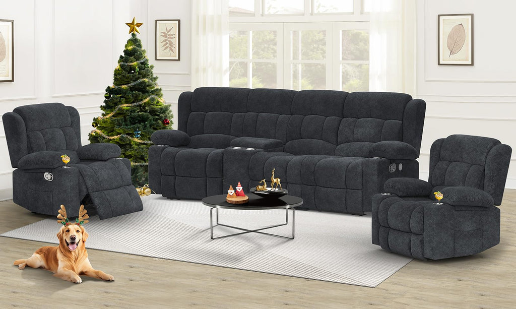 Loveseat Recliner Sofa, Flip Middle Backrest Design PU Leather 3 Seat Reclining Sofa with Storage Drawer, Manual Couch for Living Room/RV (Black, PU)