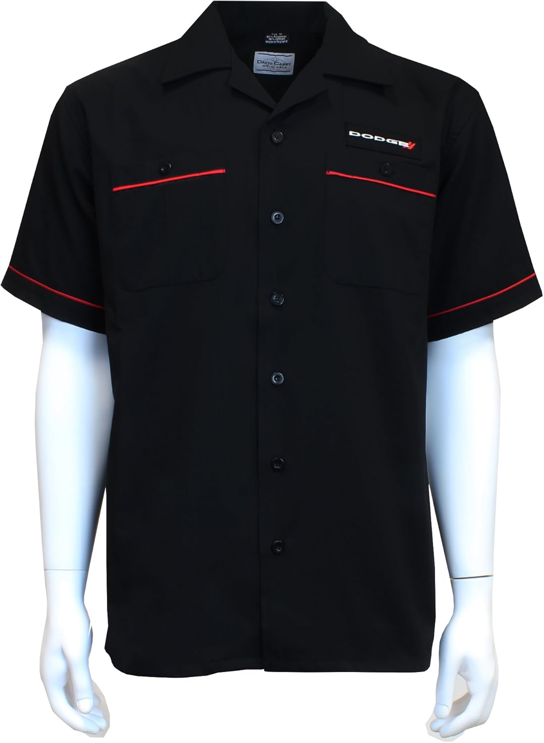 David Carey Dodge Work Shirt – Black & Red – Button Up Collared Short Sleeve Mechanic Camp Shirt with Logo Patch