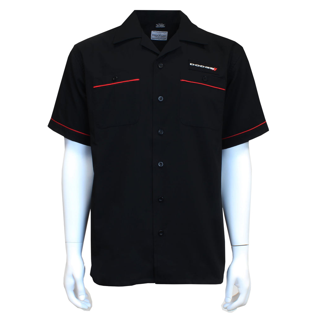 David Carey Dodge Work Shirt – Black & Red – Button Up Collared Short Sleeve Mechanic Camp Shirt with Logo Patch