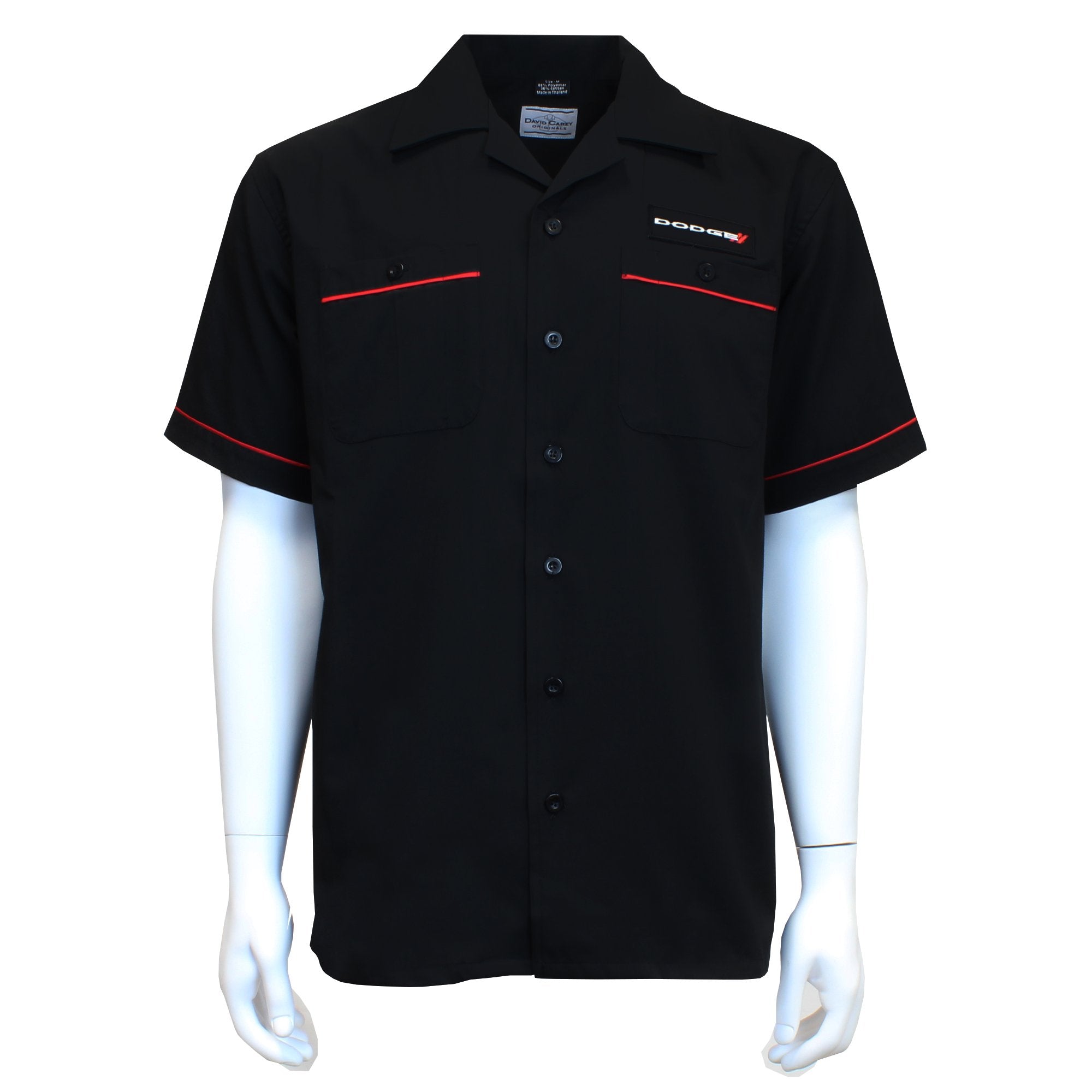David Carey Dodge Work Shirt – Black & Red – Button Up Collared Short Sleeve Mechanic Camp Shirt with Logo Patch