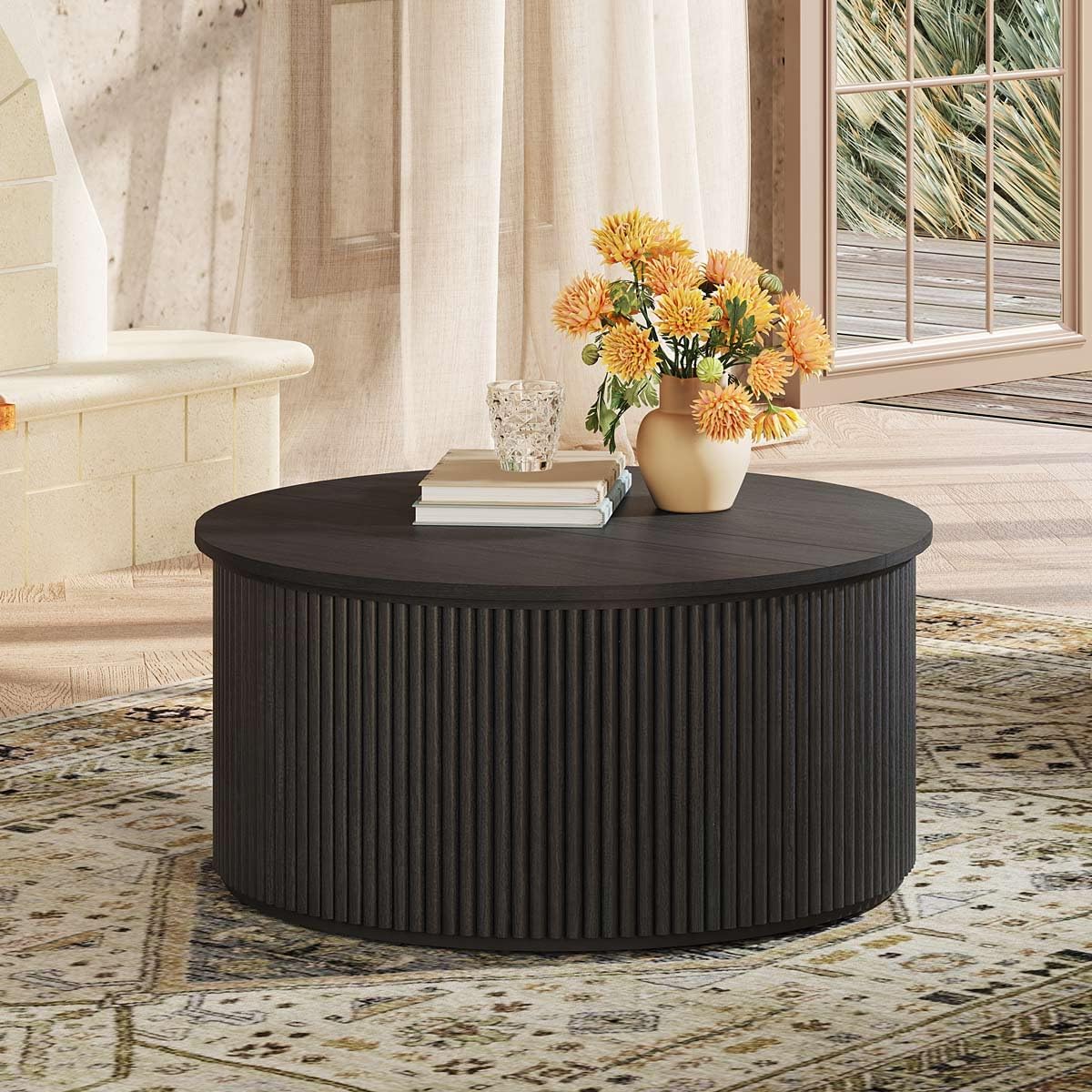 FATORRI Round Coffee Table with Storage, 31.5 Inch Modern Fluted Center Table, Woodern Accent Coffee Tables for Living Room, Black