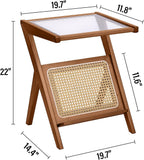 Tiita Rattan Side Table, Mid Century Nightstand, Bamboo Accent Bedside Tables, Glass Coffee Tables, Boho Wooden End Table with Storage for Small Space, Living Room and Bedroom