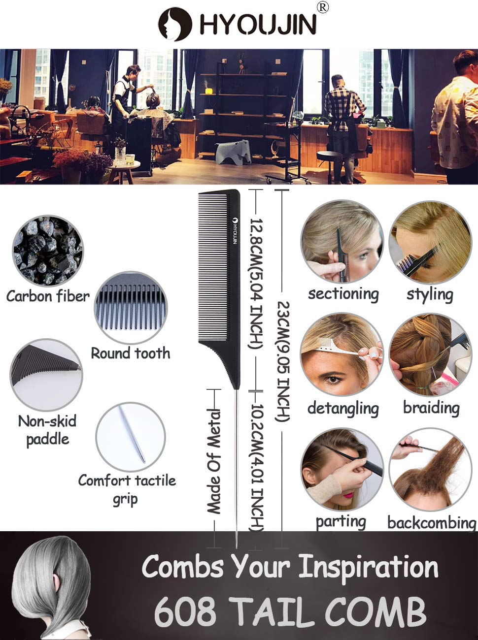 HYOUJIN Carbon Hair Rat Tail Combs Parting Rattail Combs Teasing Fine Tooth Comb Metal Hair Pick Detangling Combs for Women for Curly Hair Black