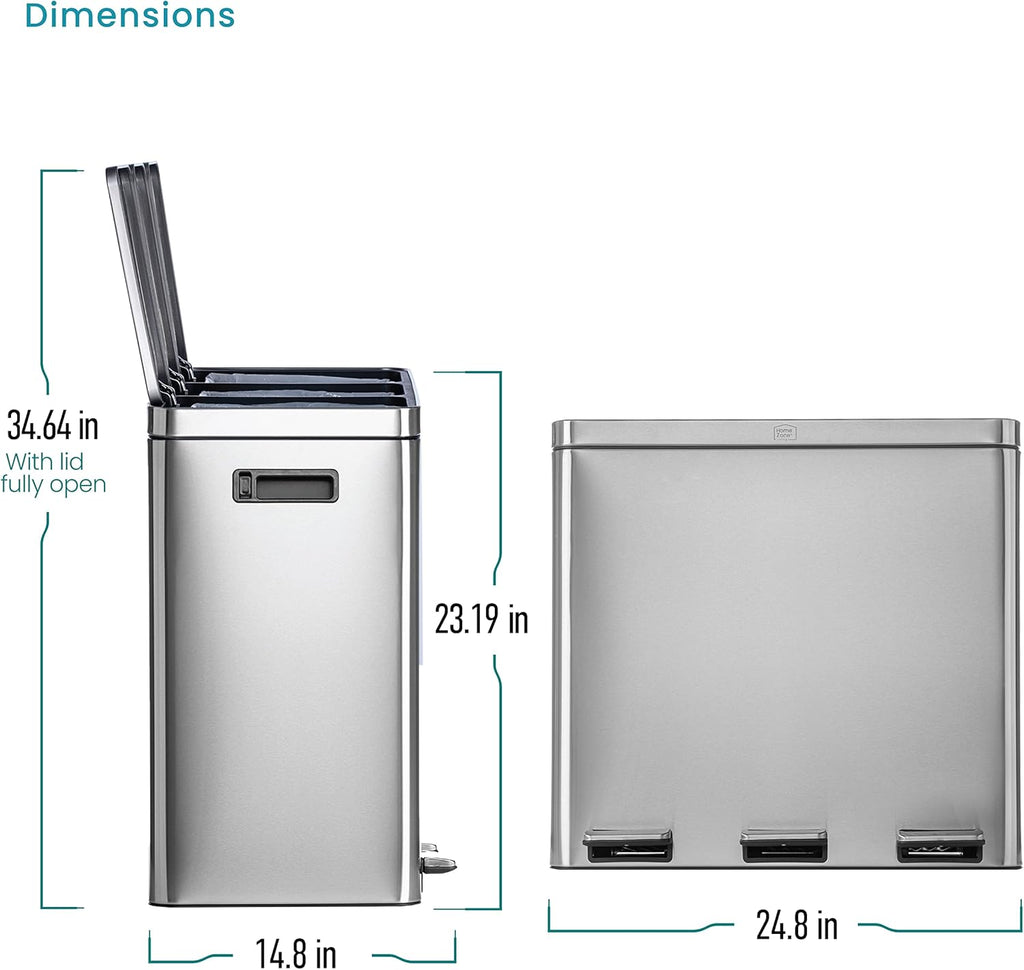 Home Zone Living 16 Gallon Large Kitchen Trash Can with Three Compartments for Recycling, Stainless Steel, Silver, 60 Liters Total