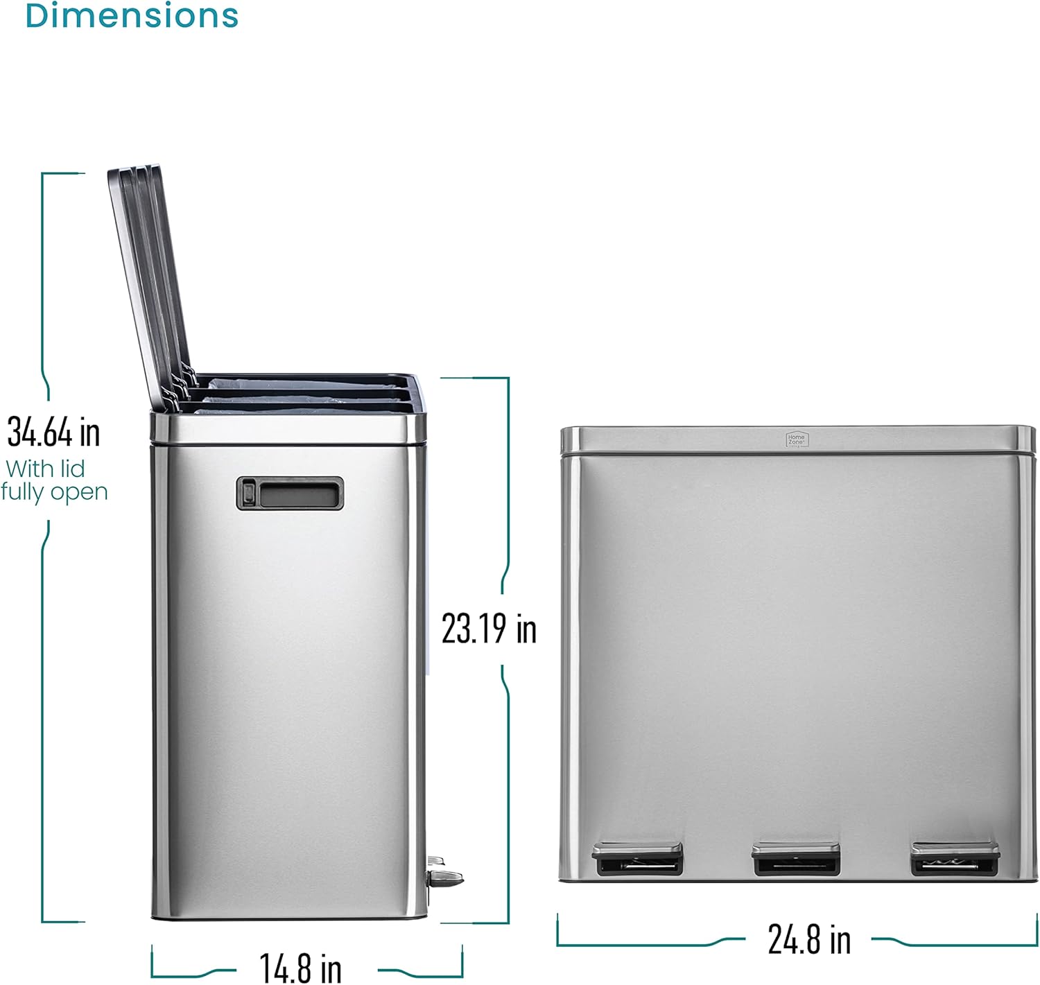 Home Zone Living 16 Gallon Large Kitchen Trash Can with Three Compartments for Recycling, Stainless Steel, Silver, 60 Liters Total