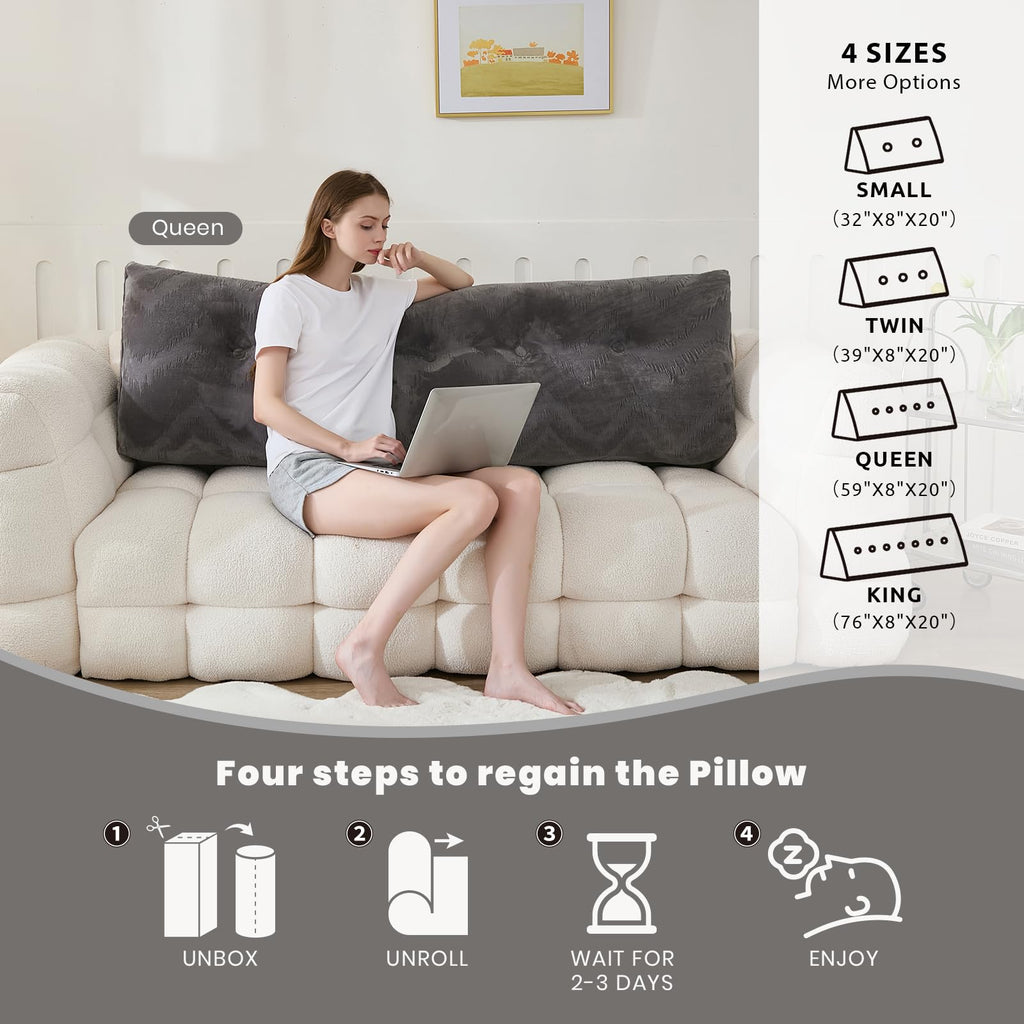 بالش تاج تخت زلادورا، بالش مثلثی نرم برای حمایت هنگام مطالعه و استراحت، کوسن تاج تخت با روکش قابل جدا شدن، خاکستری تیره، سایز کوئین (59"x8"x20")