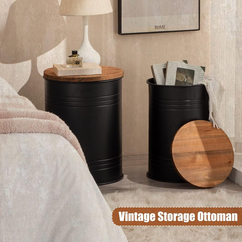 Poofzy Farmhouse End Tables Set of 2, Galvanized Metal Decor Side Table with Wood Lid, Coffee Table Storage Stool for Living Room (Black)