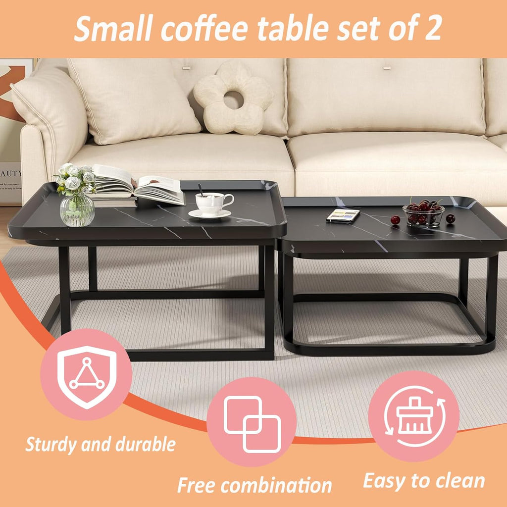 Square Coffee Tables Living Room Set of 2, Nesting Walnut Coffee Table with Fluted, End Tables for Bedroom Office Balcony Yard (23.5"+19.5" Black)