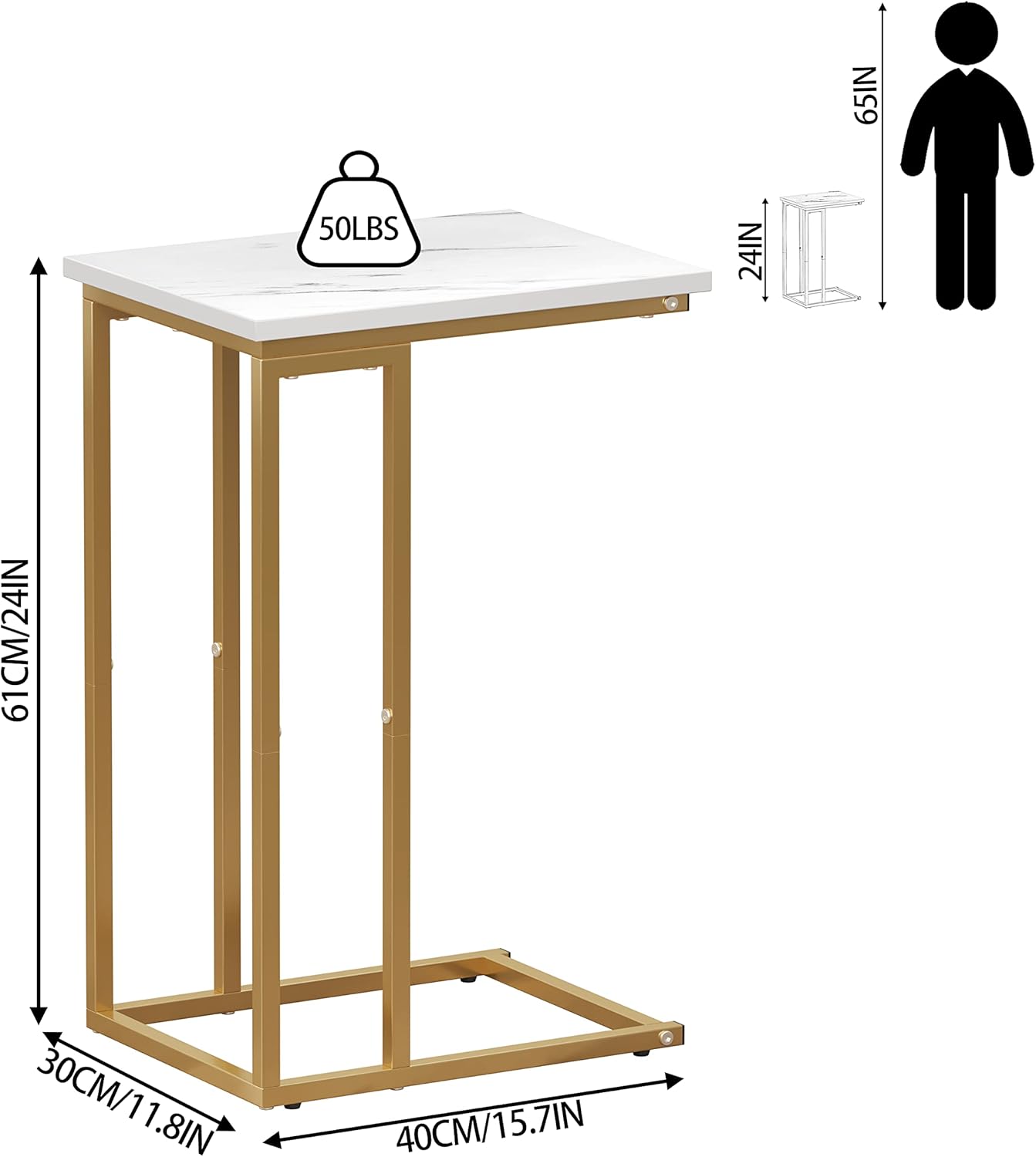 Function Home C Shaped End Table, Small Side Tables for Sofa Bed, Couch Tables That Slide Under, Drink Snack Table for Living Room Bedroom Small Space, White Wood Top and Gold Metal Frame