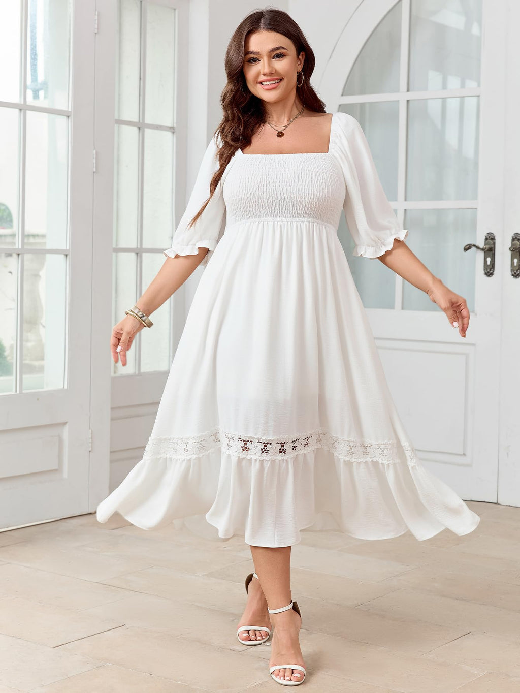 SCOMCHIC Women's Plus Size Maxi Dress Short Sleeve Square Neck Smocked Flowy A-Line Lace Trim Boho Wedding Guest Dresses White