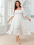 SCOMCHIC Women's Plus Size Maxi Dress Short Sleeve Square Neck Smocked Flowy A-Line Lace Trim Boho Wedding Guest Dresses White