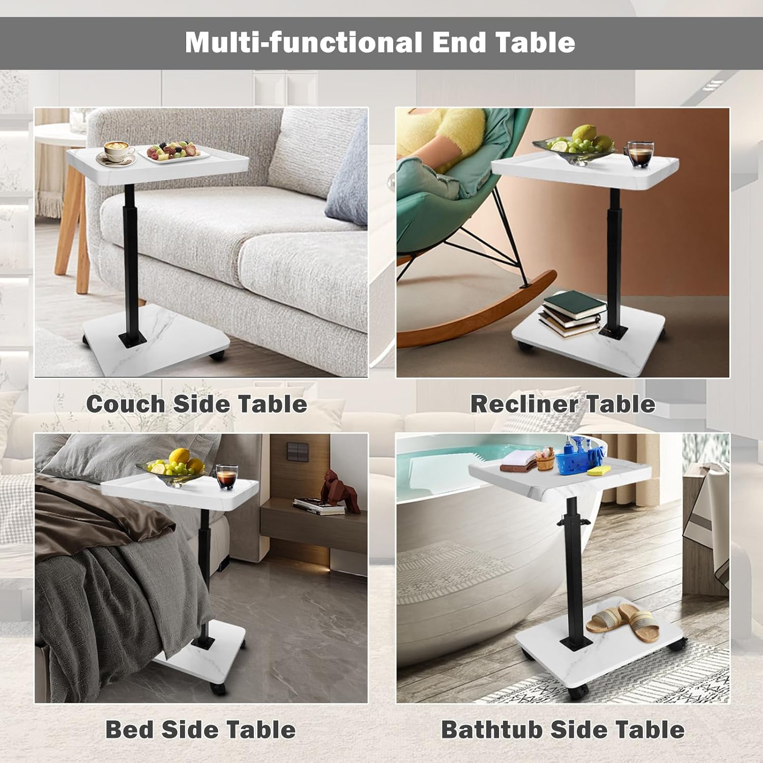 TV Tray Table,360° Swivel Height Adjustable TV Tray for Drink&Snack,Couch Tables That Slide Under,C Shaped End Table with Wheels,Small C Shaped Side Table Living Room&Bedroom-Square White