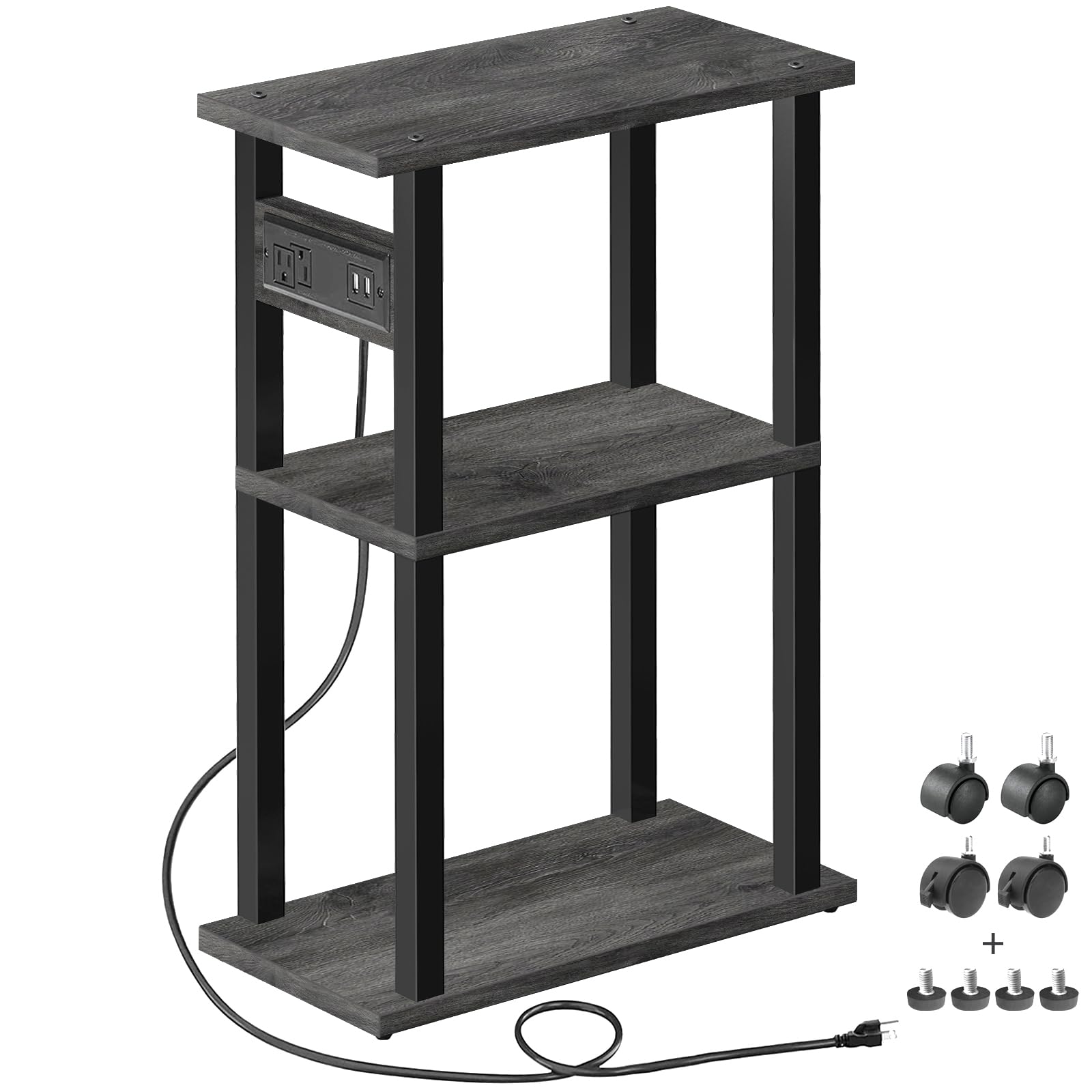 TUTOTAK Small Narrow Side Table with Charging Station, Skinny End Table for Small Spaces, Slim Nightstand with USB Ports and Outlet, Sofa Beside Table with Wheels, Brown TB01BB046