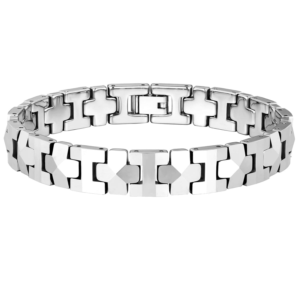 Urban Jewelry Stunning Solid Tungsten Link Bracelet for Men Polished Link, Puzzle, Ceramic Style (Silver, Black, 18K Gold Plated Option)