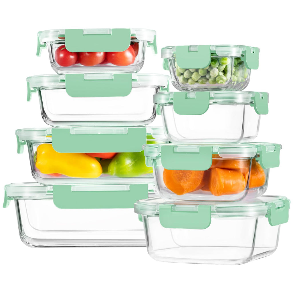 8 Pack Borosilicate Glass Food Storage Containers with Lids, Glass Meal Prep Containers, Airtight Bento Lunch Boxes with Snap Locks, Oven, Freezer and Dishwasher Safe, BPA Free, Kitchen Storage Set