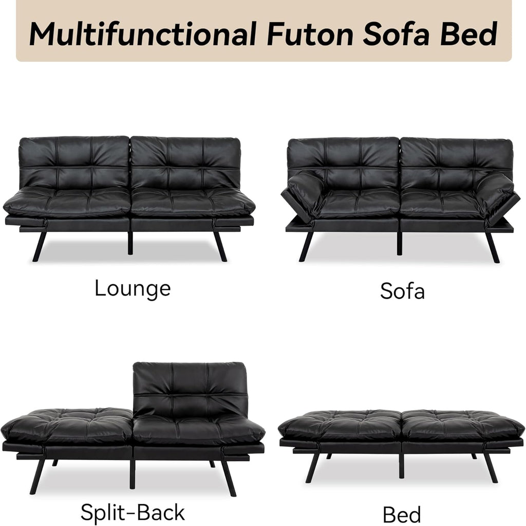 Convertible Faux Leather Futon Sofa Couch,Memory Foam Futon Couch Bed,Loveseat Sleeper Sofa Bed,Small Splitback Modern Folding Sofa Bed for Living Room,Office,Apartment,Matte Black