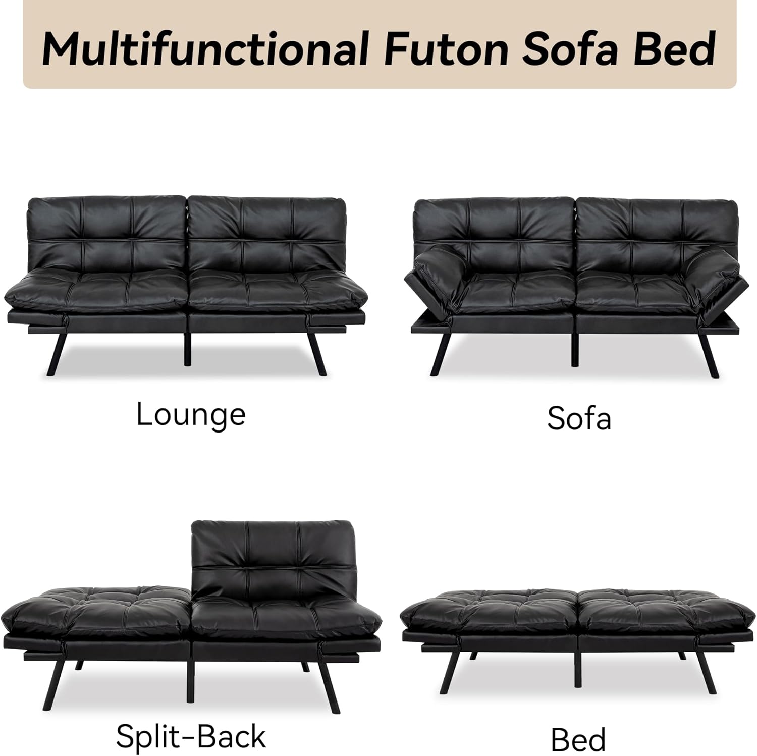 Convertible Faux Leather Futon Sofa Couch,Memory Foam Futon Couch Bed,Loveseat Sleeper Sofa Bed,Small Splitback Modern Folding Sofa Bed for Living Room,Office,Apartment,Matte Black
