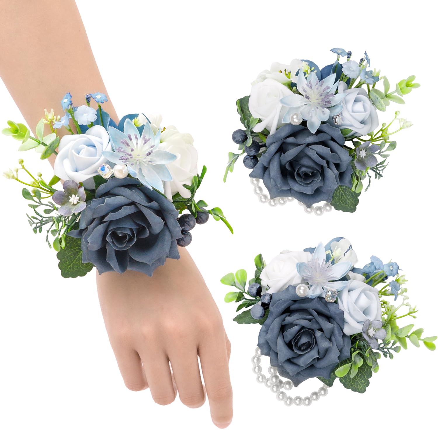 TINGE TIME Set of 2 Wrist Corsage Bracelets Pearl Wristlet Band Bridesmaid Bracelet for Wedding Ceremony Bridal Shower Wedding Artificial Flower Prom (Dusty Blue)