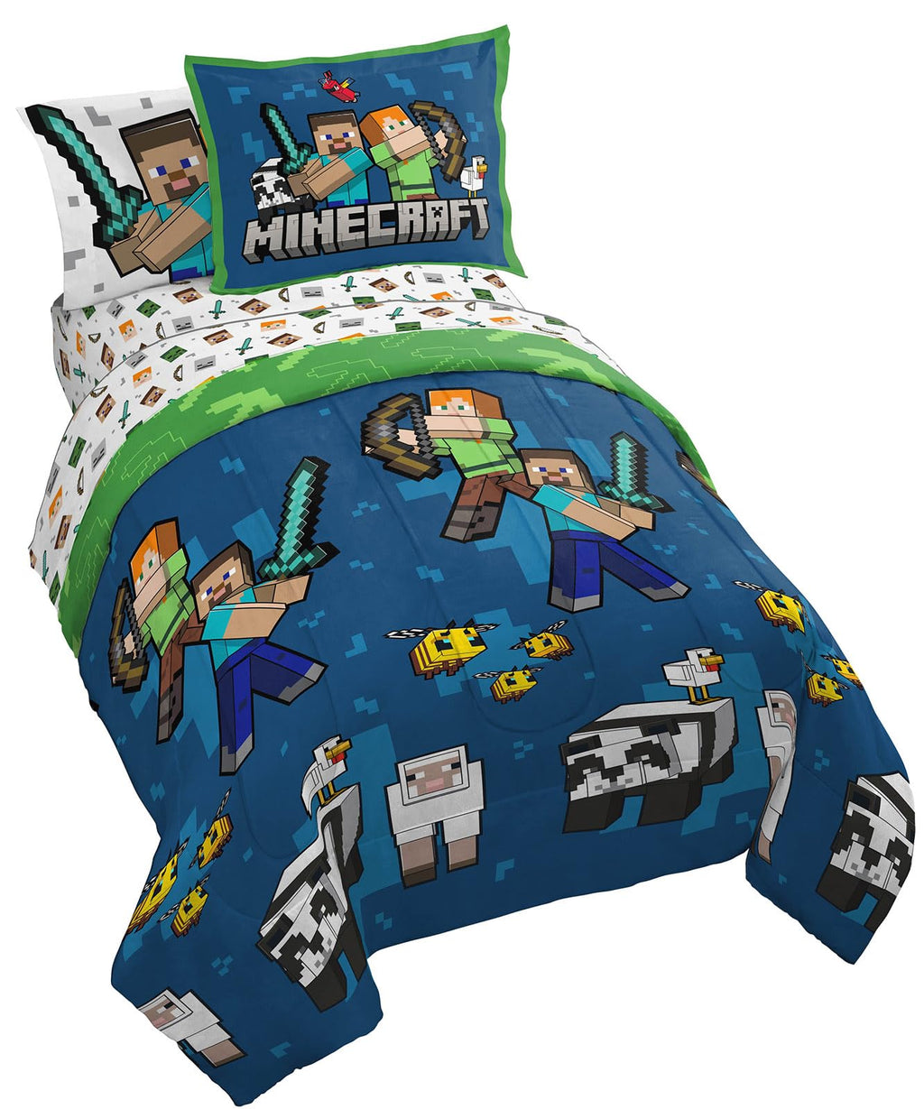Jay Franco Minecraft Twin Comforter Set - 5 Piece Bedding Includes Sheet Set & Pillow Covers - Super Soft Kids Bedding Features Creeper & Zombie