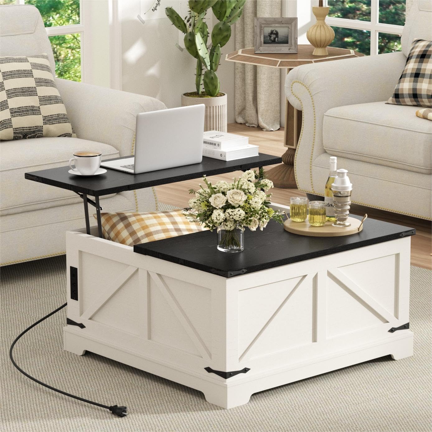 Coffee Table with Storage, 31.5" W Farmhouse Lift Top Wood Square Center Table with Charging Station, Rustic Cocktail Tables with Flip Top Lids for Living Room, Home Office, Rustic White