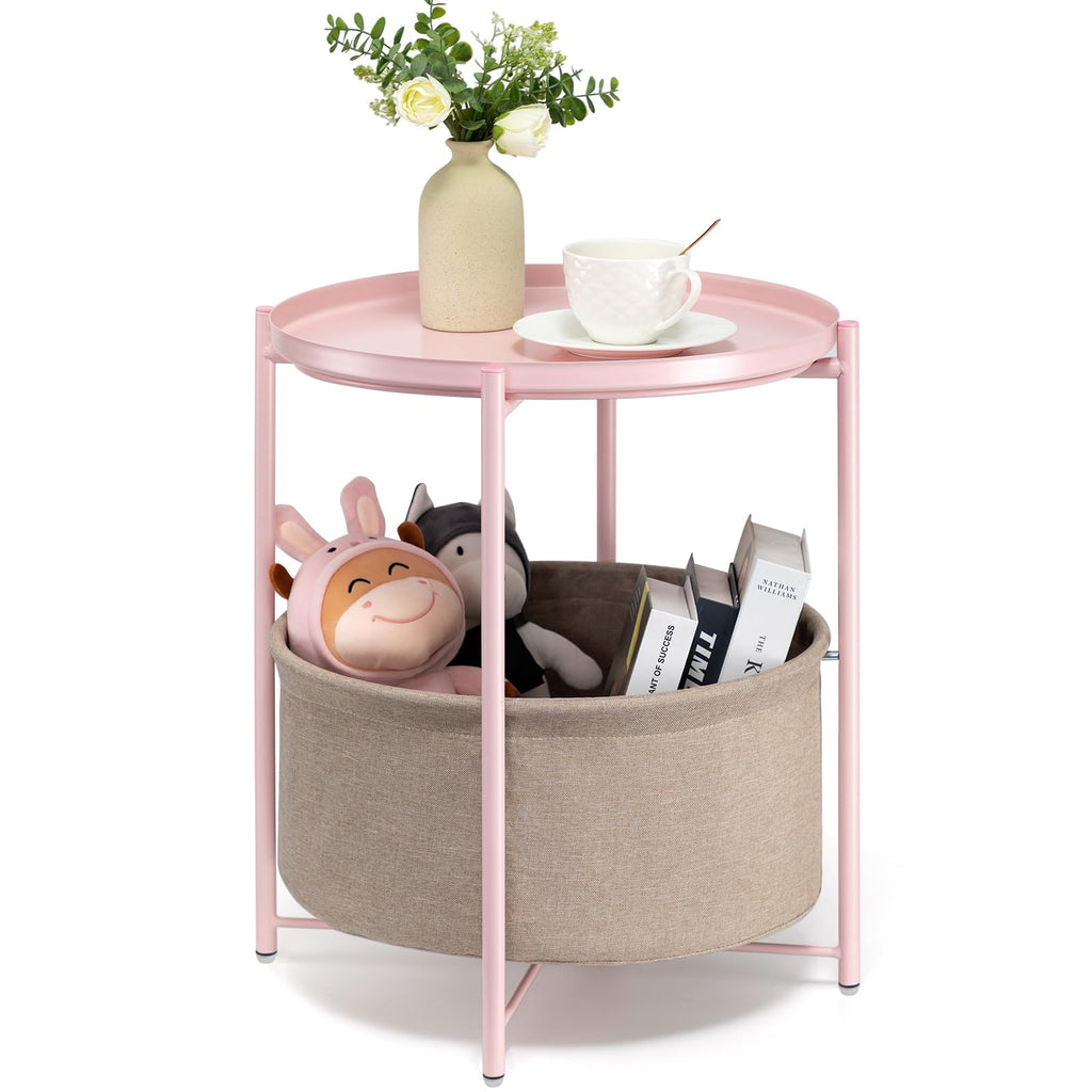 danpinera Round Side Table with Fabric Storage Basket, Metal Side Small Bedside Table Nightstand with Removable Tray Top for Living Room, Bedroom, Nursery, Laundry, Gold