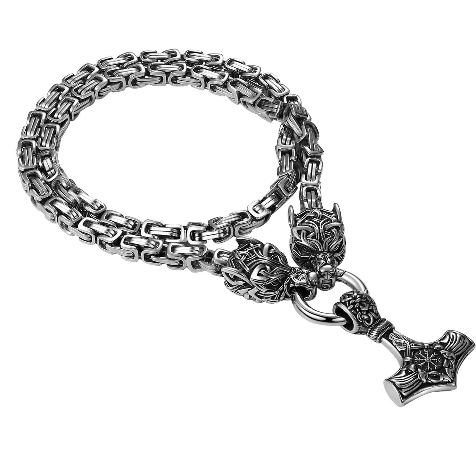 OIDEA Viking Thor's Hammer Necklace for Men: Vintage Viking Helm of Awe Mjolnir Pendant with Wolf Head Byzantine Chain Amulet Jewelry Gift for Men Women 24in Chain