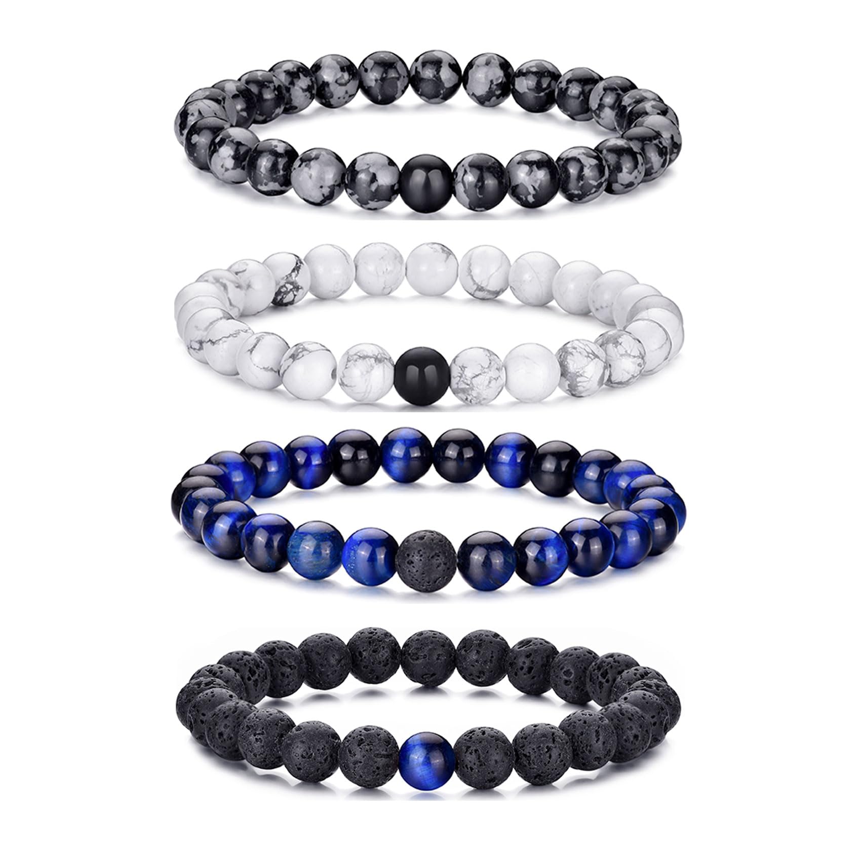 RANKEEF Tiger Eye Bracelet For Men 8MM Natural Stone Stretch Adjustable Black Crystal Beaded Bracelet for Men Women Gifts