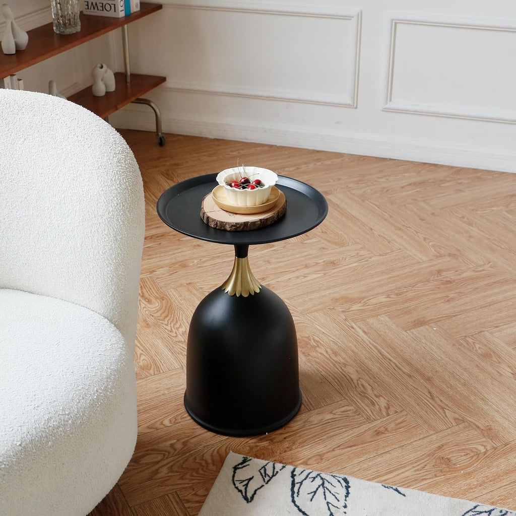 seonyou Small Round Side Table, Black Accent Modern Minimalist Metal Circle Pedestal End Table, Unique Fluted Drink Martini Tables for Small Spaces