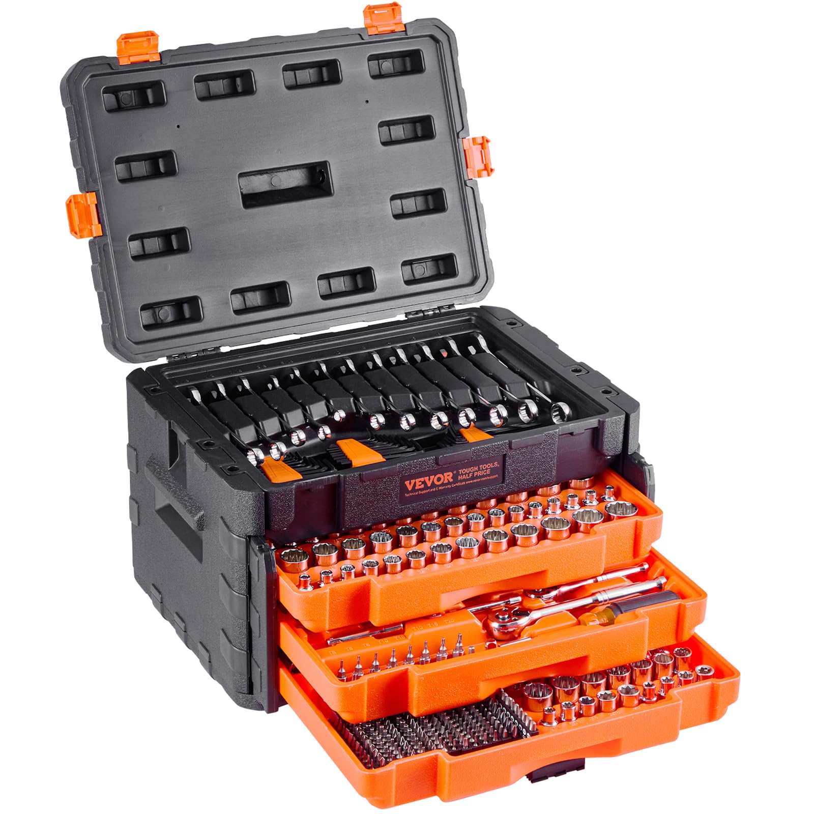 VEVOR Mechanics Tool Set and Socket Set, 1/4" 3/8" 1/2" Drive Deep and Standard Sockets, 450 Pcs SAE and Metric Mechanic Tool Kit with Bits, Combination Wrench, Hex Wrenches, Accessories, Storage Case