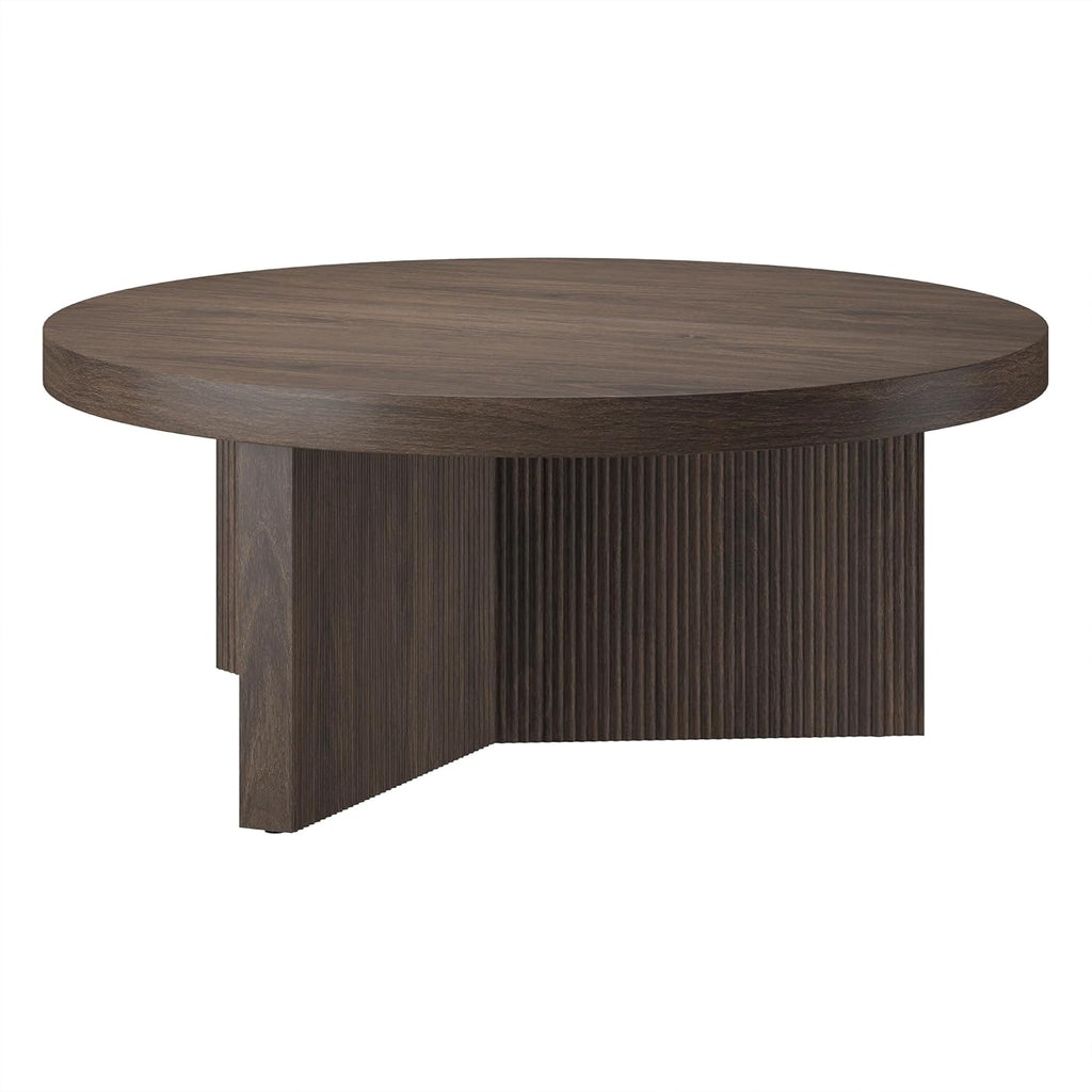Henn&Hart 36" Fluted Round Wood Pedestal Low-Profile Coffee Table for Living Room, Family Room, or Office, Alder Brown
