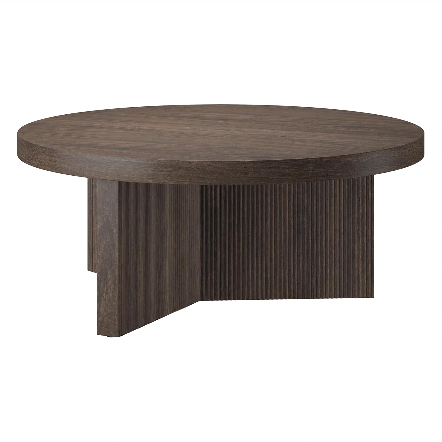 Henn&Hart 36" Fluted Round Wood Pedestal Low-Profile Coffee Table for Living Room, Family Room, or Office, Alder Brown