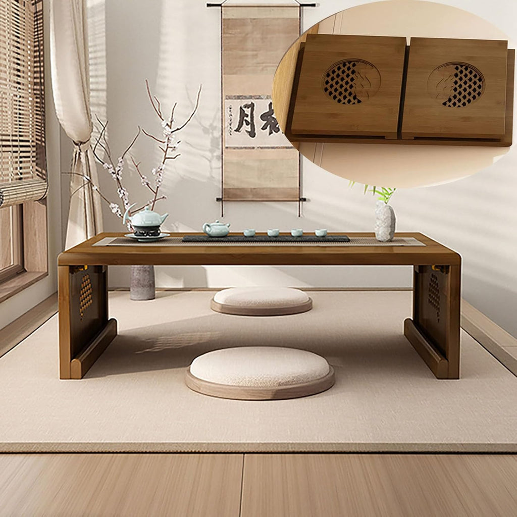 2025 Newly Upgraded Japanese Floor Table Folding Japanese Coffee Table No Assembly, Solid Wood Low Tatami Table Portable Japanese Style Low Tea Coffee Table for Sitting on The Floor Easy Storage