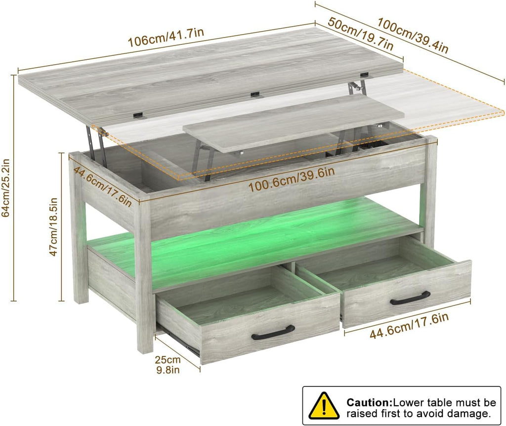 42'' Lift Top Coffee Table with LED, 4-in-1 Multifunctional Coffee Table with Drawers and Hidden Compartments, Converts to Dining Table for Living Room, Reception Room, Grey