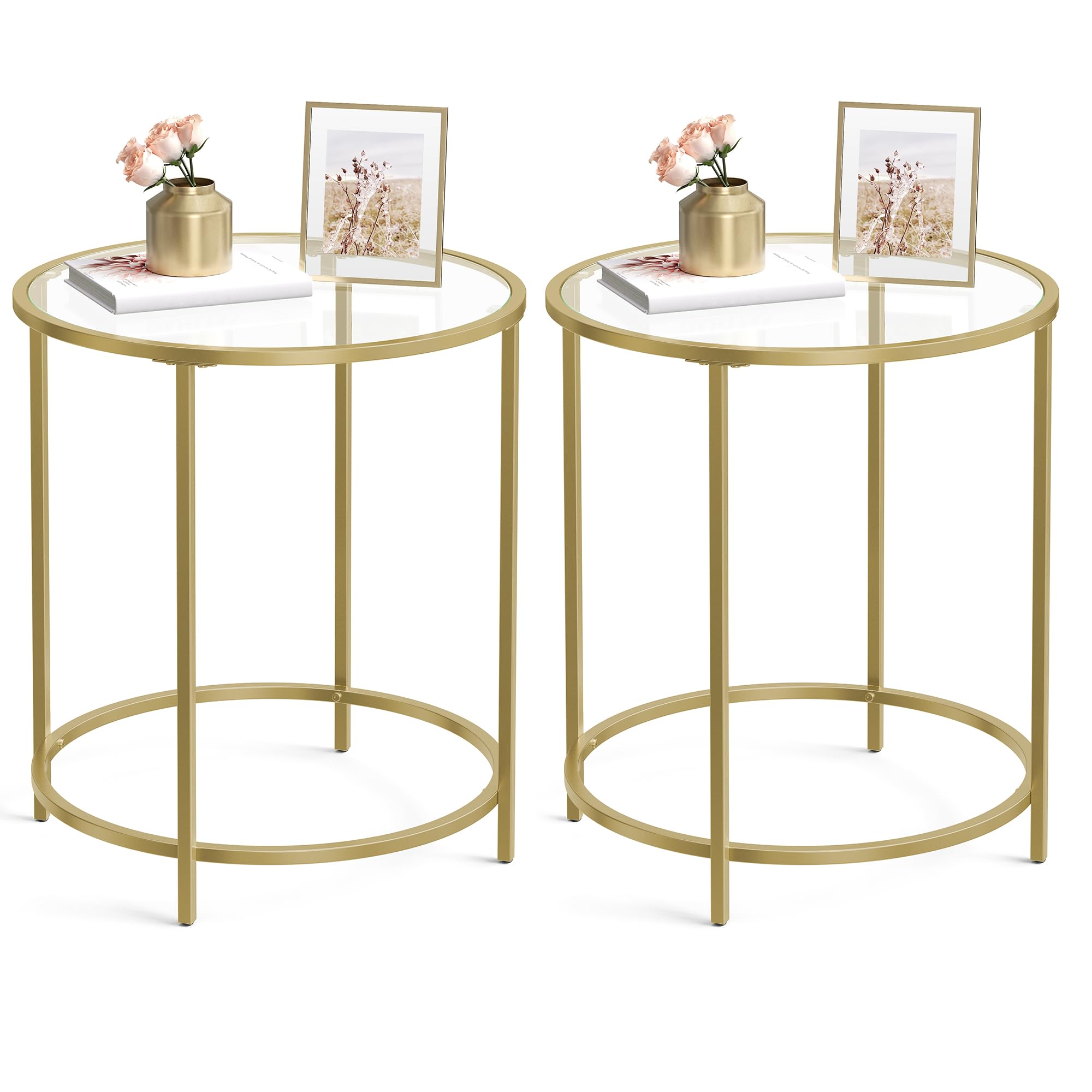 VASAGLE Round Side Table, Glass End Table with Metal Frame, Gold Coffee Table with Modern Style, for Living Room, Balcony, Bedroom, Gold Color