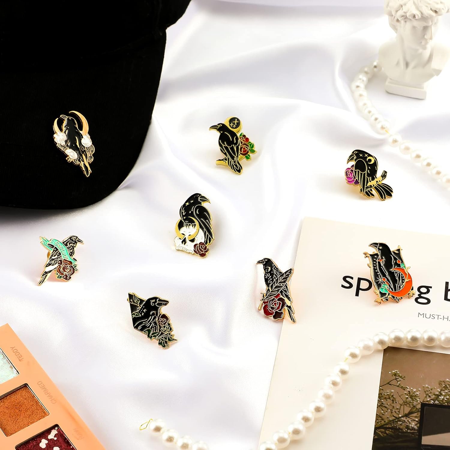 8 Pieces Crow Enamel Pins Set Rose Moon Lapel Anime Enamel Brooch Pins Aesthetic Gothic Badges for Women Backpack Denim Bag Jewelry Accessories