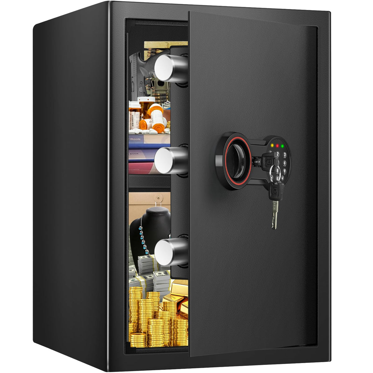 2,8 Kubik großer Heimtresor feuerfest wasserdicht, Stahltresor für Haussicherheit mit elektronischem Tastenfeld, Ersatzschlüsseln und Alarmsystem, feuerfester Tresor für Hausdokumente, Geld und Wertgegenstände