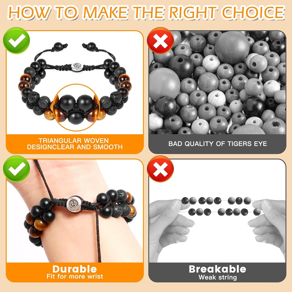 Triple Protection Bracelet - for Protect & Balance - Energy Crystal Handmade Bracelets for Men - Bring Good Luck & Prosperity, Tiger Eye Black Onyx and Lava Rock Jewelry Natural Stone Healing Bracelet
