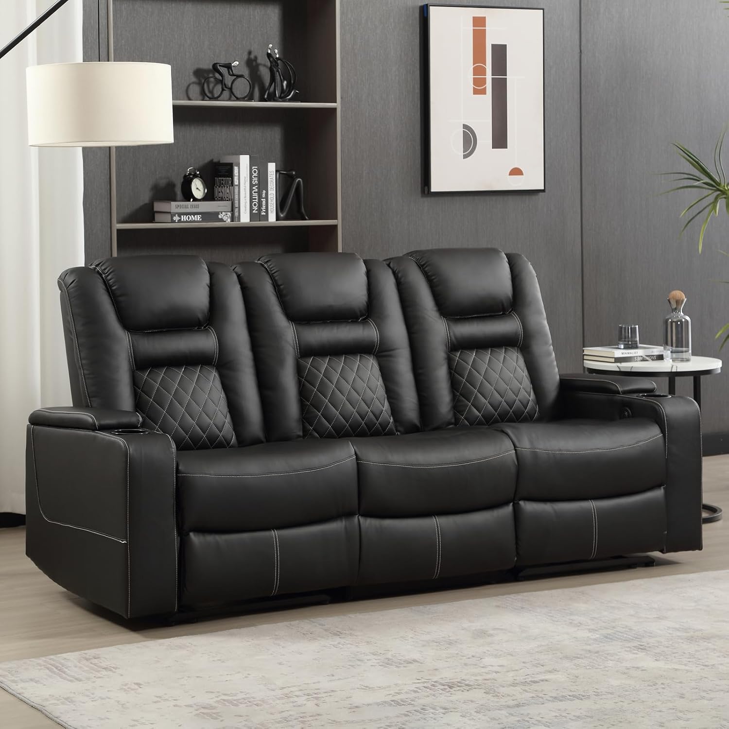 Home Theater Seats, Faux Leather Movie 3 Seat Recliner Sofa with Hidden Arm Storage, Power Gaming Reclining Sofa with USB Charge and Cup Holders