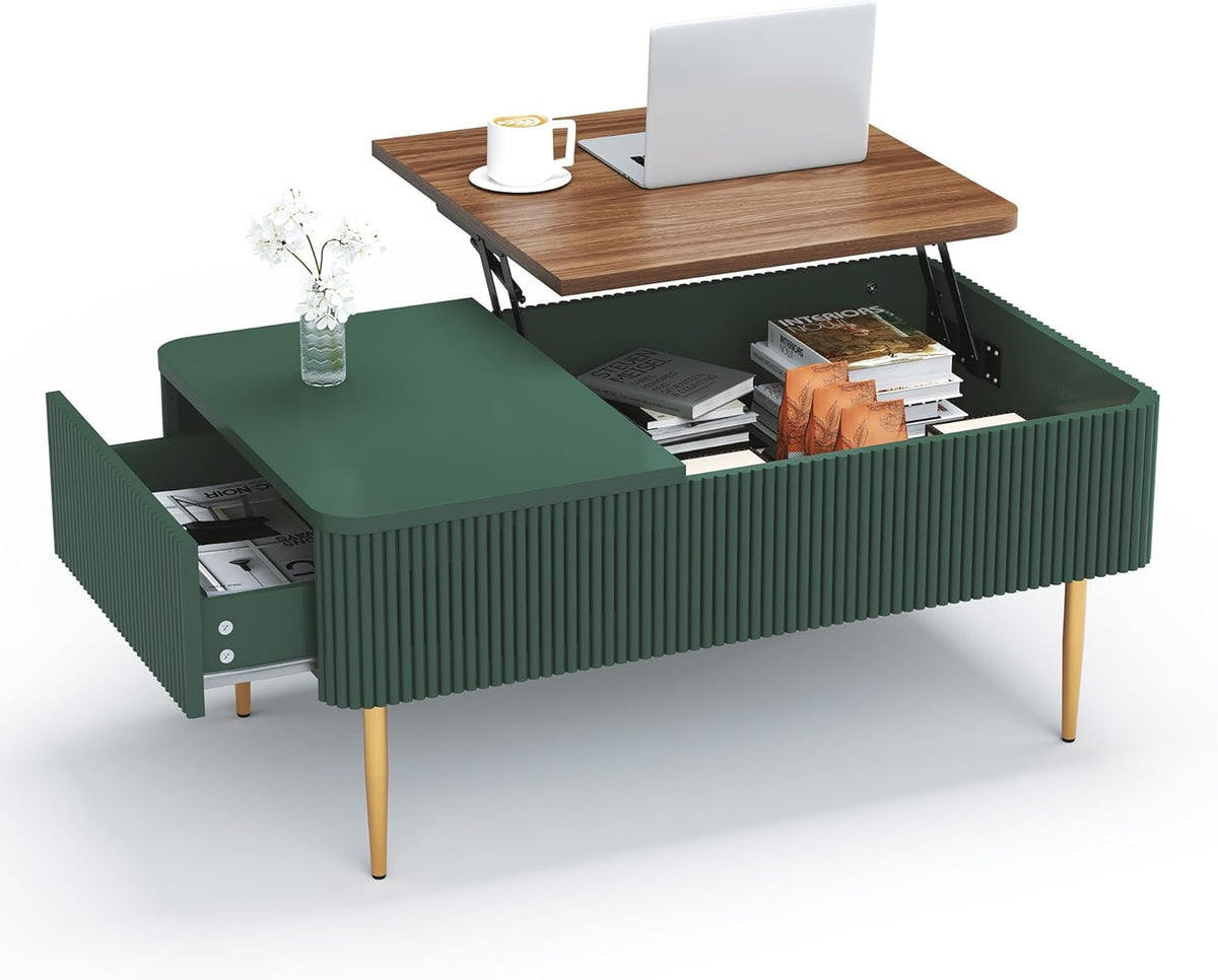 HLR 39" Lift Top Coffee Table with Hidden Storage Compartment, Modern Rising Wood Dining Center Table with Drawer for Small Space, Living Room, Office, Green