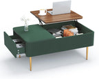 HLR 39" Lift Top Coffee Table with Hidden Storage Compartment, Modern Rising Wood Dining Center Table with Drawer for Small Space, Living Room, Office, Green