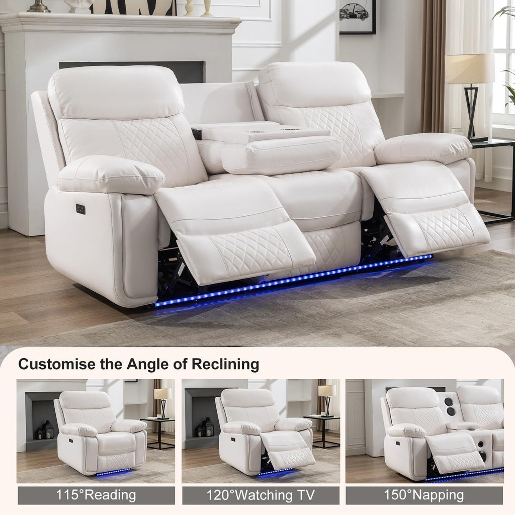 Power Recliner Sofa Set for Living Room, 3 Seater Faux Leather Reclining Couch Sofa, Home Theater Love seat Sets with Bass Speaker, Loveseat Recliner with Cup Holder, USB Port, LED Lights, White