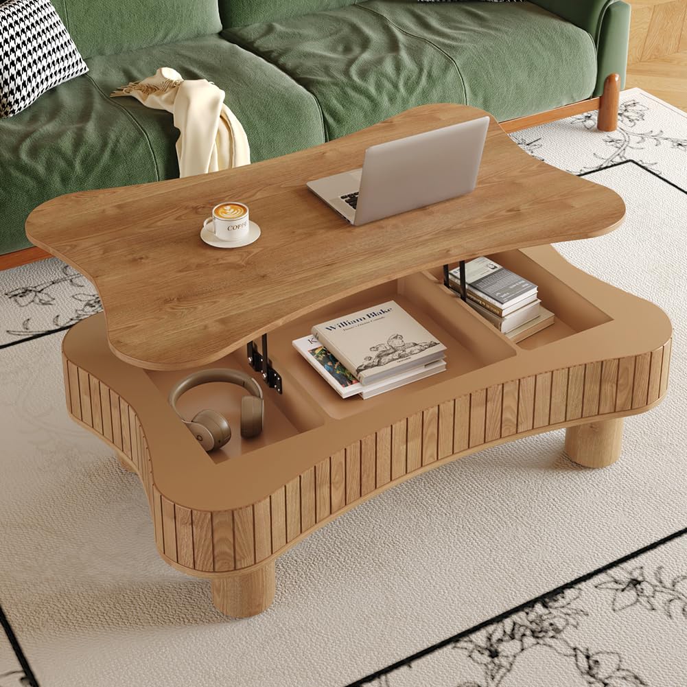 Lift Top Coffee Table with Storage for Living Room Mid Century Modern Coffee Table with Lifting Top Wood Fluted Coffee Tables with Lifts Up Tabletop for Home Apartment Office 38.6" Walnut Rectangle