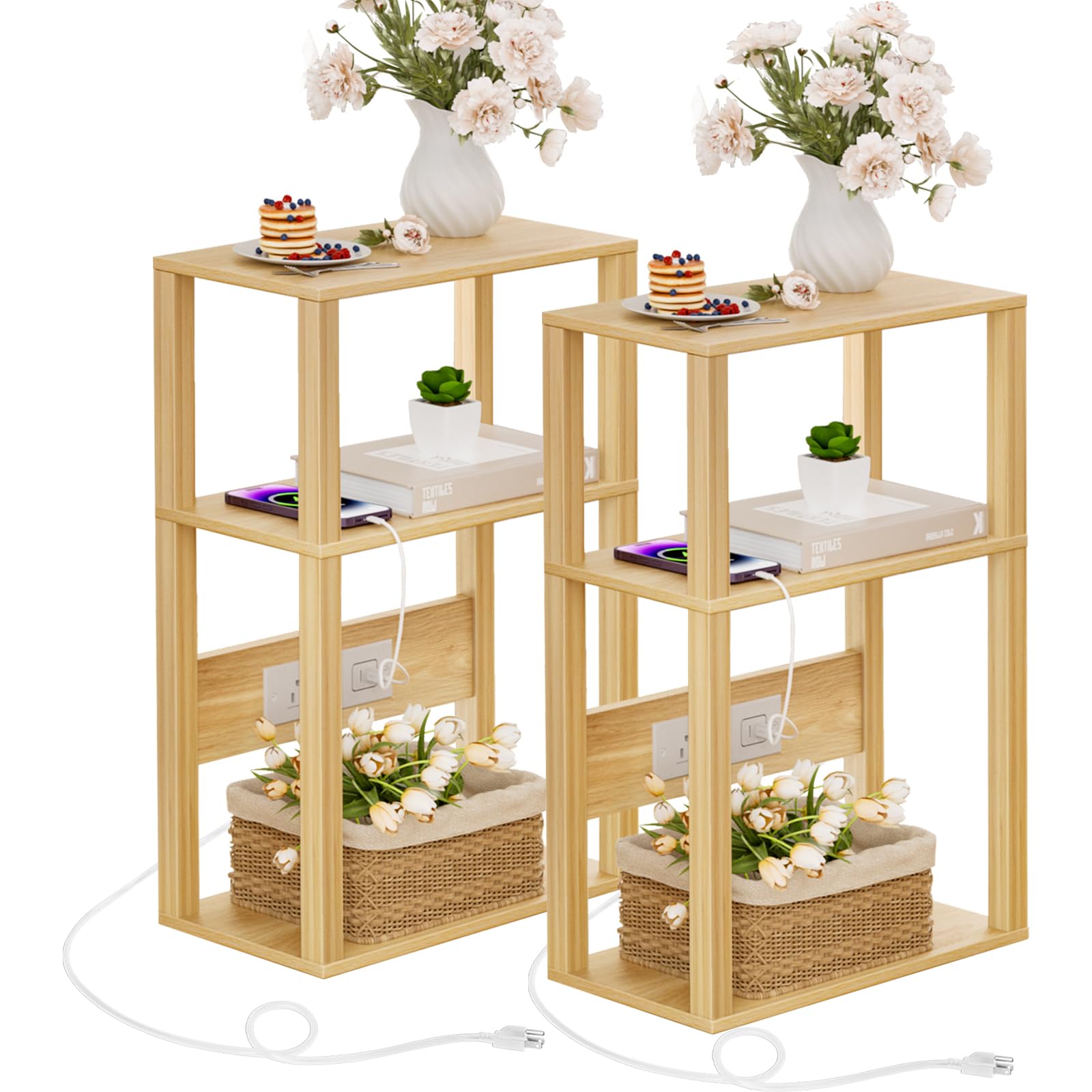 3-Tier Small Narrow Wood Side Table with Charging Station, Skinny Nightstand for Small Space, Slim Bedside Table with Storage for Couch, Thin End Table with USB Ports and Outlets, White