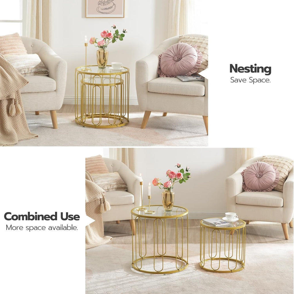 HOOBRO Small Coffee Table Set of 2, Gold Accent End Tables with Metal Frame, Round Coffee Side Table with Tempered Glass Top, for Living Room, Bedroom, Gold GD113BZ01