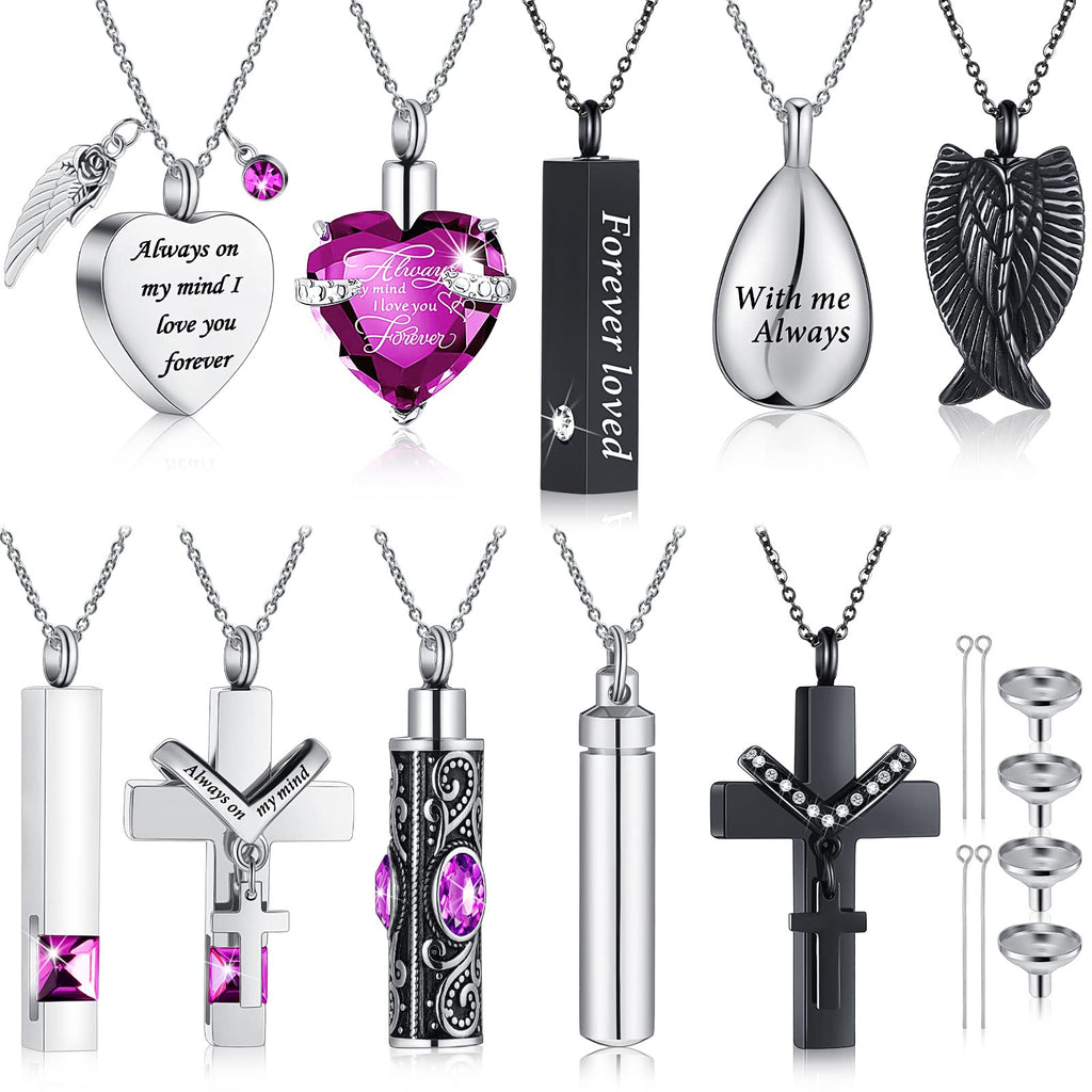 Jexine 10 Pcs Urn Necklace For Ashes Cremation Jewelry Wings Tear Drop Cross Crystal Ashes Necklace Stainless Steel Zircon Memorial Locket Vertical Bar Heart Waterproof Keepsake For Men