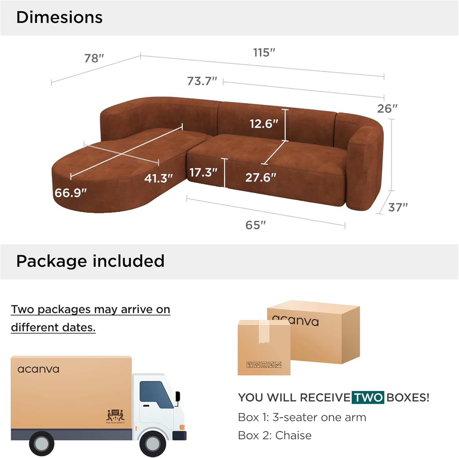 Acanva Luxury Modern Tight Curved Back Velvet Sofa, Minimalist Style Comfy Couch for Living Room Apartment, L-Shape Left Chaise, Tangerine
