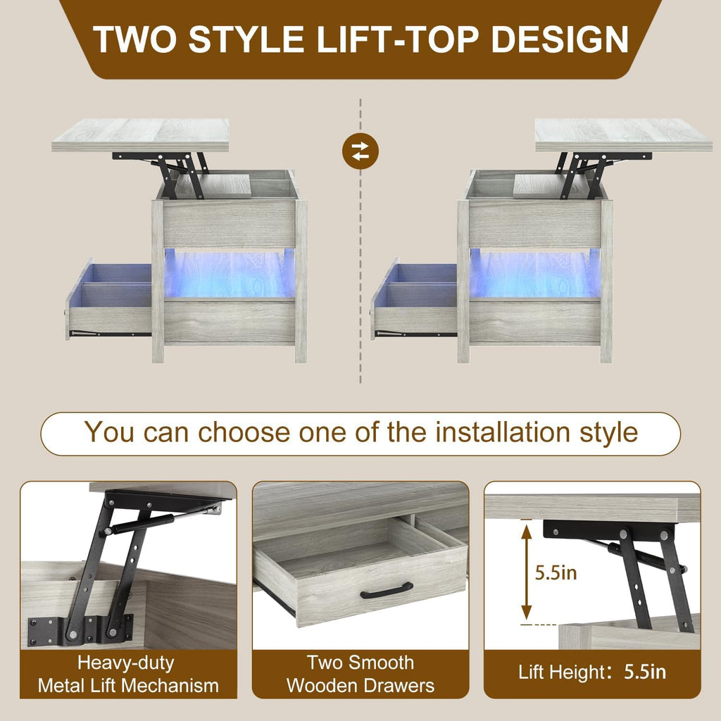 42'' Lift Top Coffee Table with LED, 4-in-1 Multifunctional Coffee Table with Drawers and Hidden Compartments, Converts to Dining Table for Living Room, Reception Room, Grey
