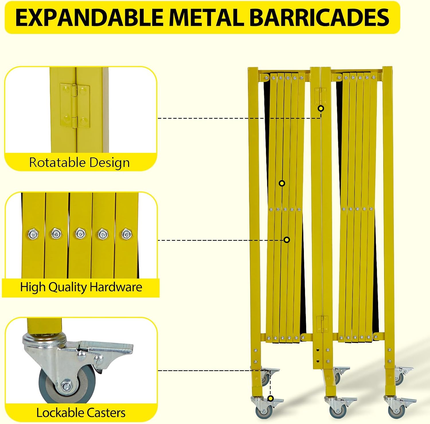 Garvee 19.8 ft Industrial Expandable Metal Barricade, Rotatable & Portable Safety Barrier with a Warning Board and Casters, Retractable Traffic Fence Mobile Safety Barrier Gate Yellow Black