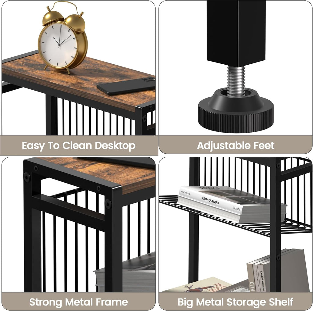 Small Side Table for Small Space, 3-Tier Narrow End Table with Magazine Holder,Slim Nightstand, Skinny Snack Couch Table in Living Room, Bedroom Study and Balcony (Rustic Brown &Black)